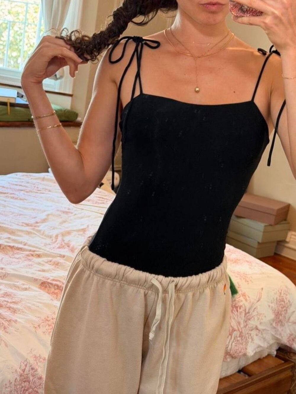 For Love and Lemons Black bodysuit with adjustable ties to tie bows